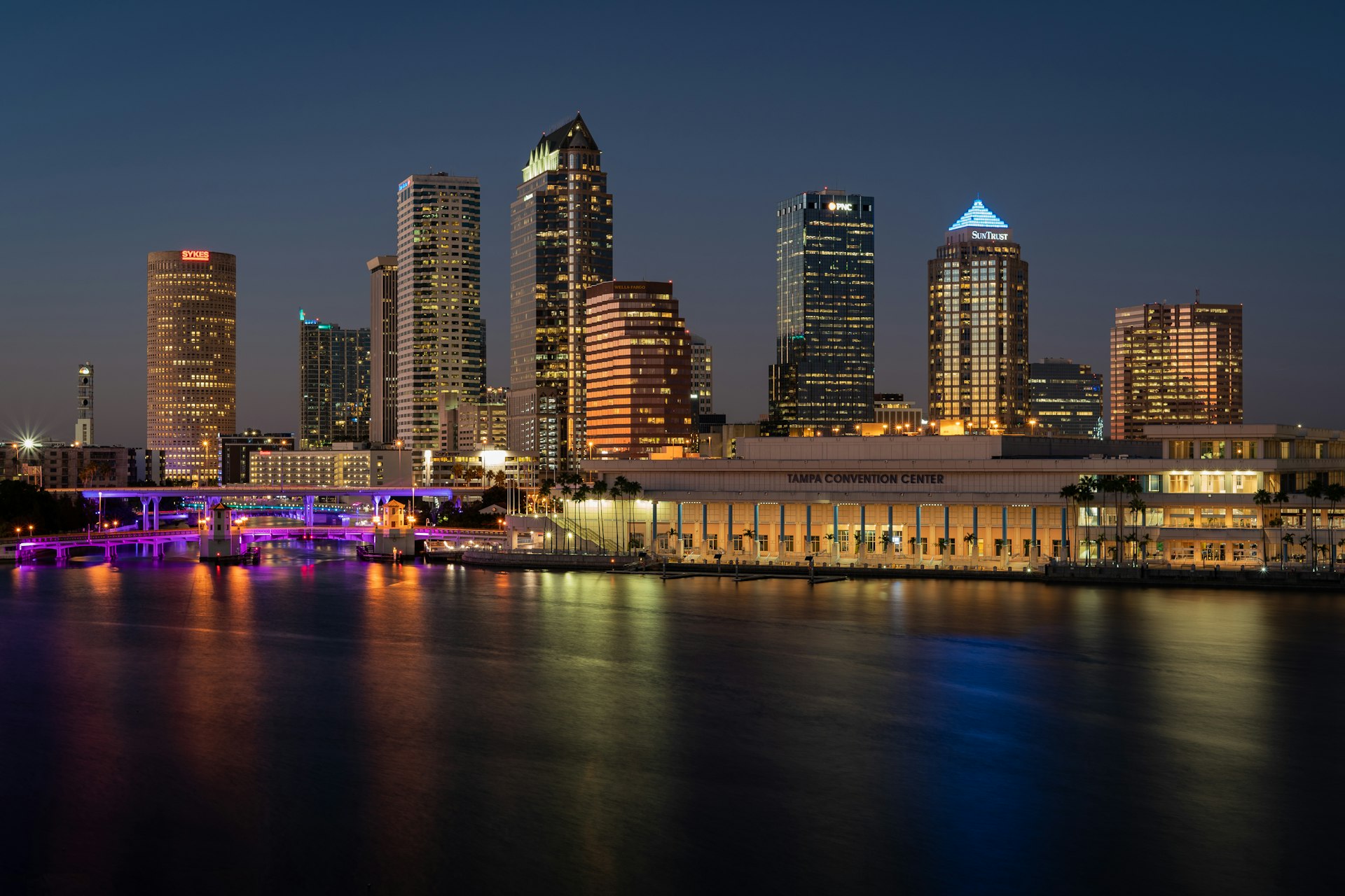 Tampa, Florida downtown skyline at dusk over the water
