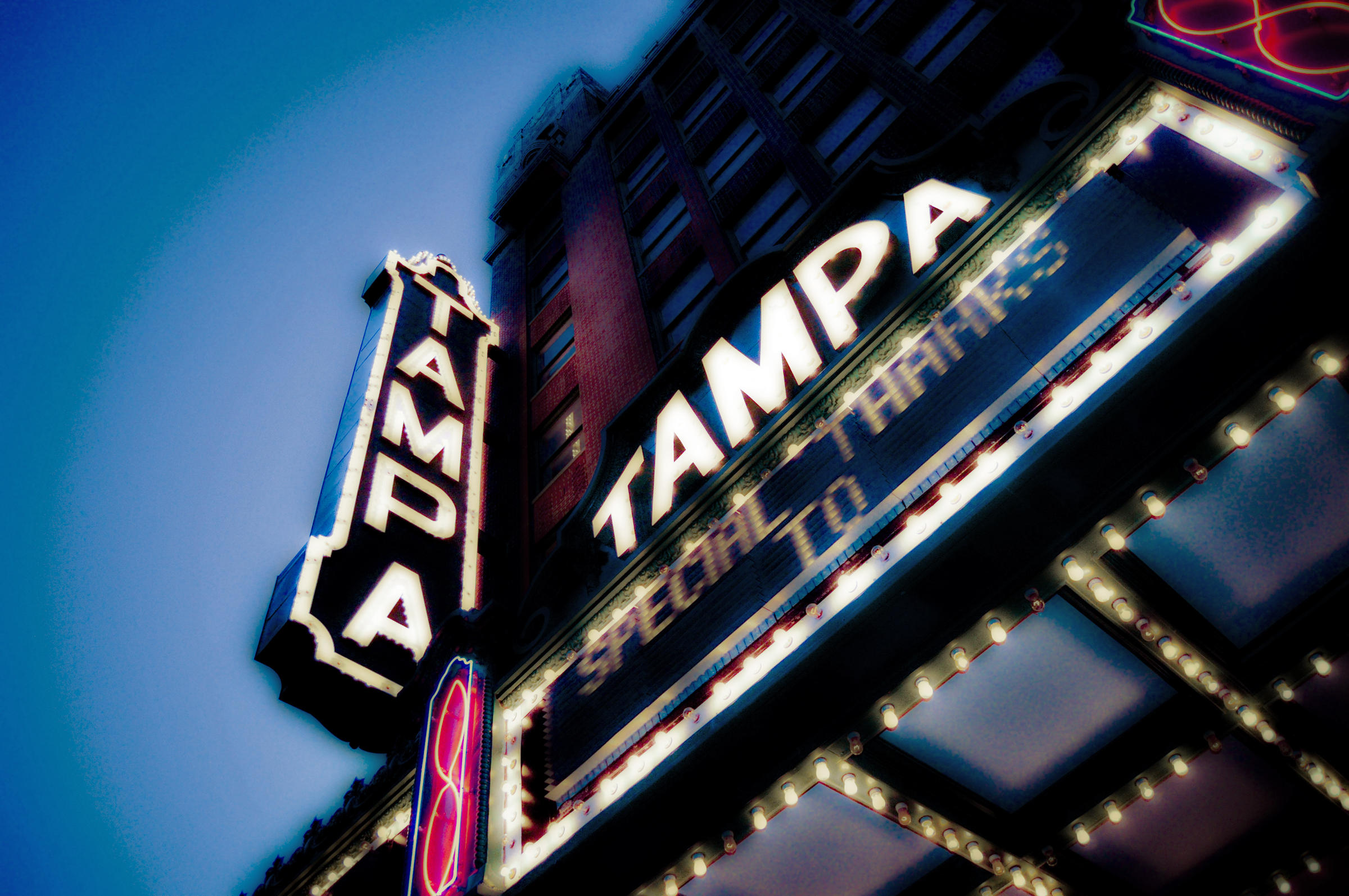Tampa Theatre marquee lit up at night